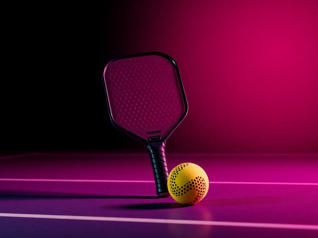 Pickleball paddle and ball on a neon-lit court