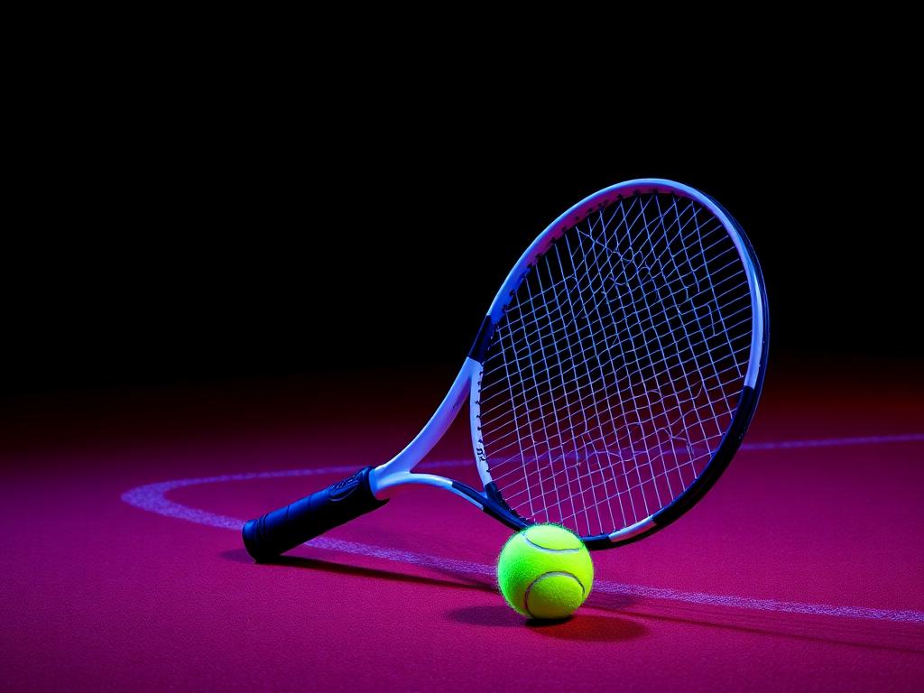 Tennis racquet and ball on a court under neon light